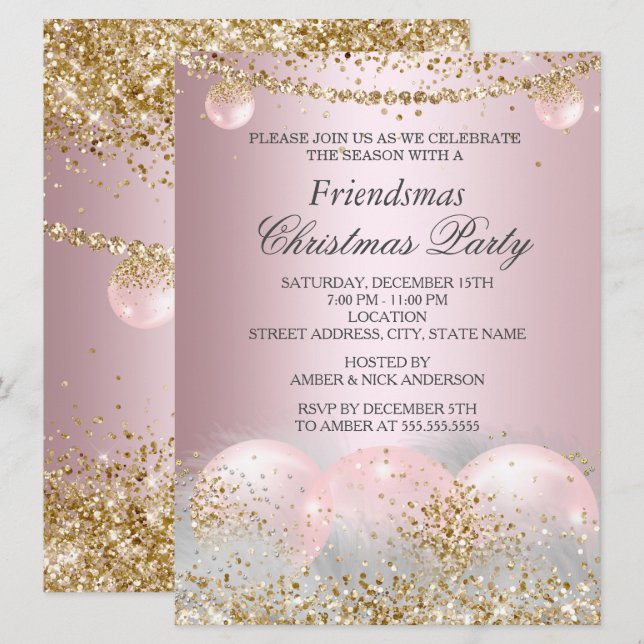 Vackra Rosa Guld Bauble Friendsmas Julfest Inbjudningar (Fram/baksida)