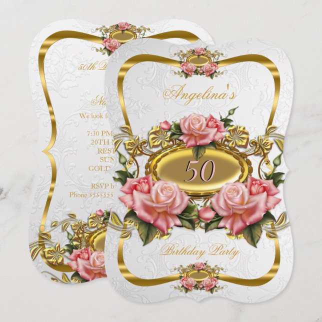 Vackra Rosa Guldrosor Vita 50-års Födelsedagsfest Inbjudningar (Fram/baksida)