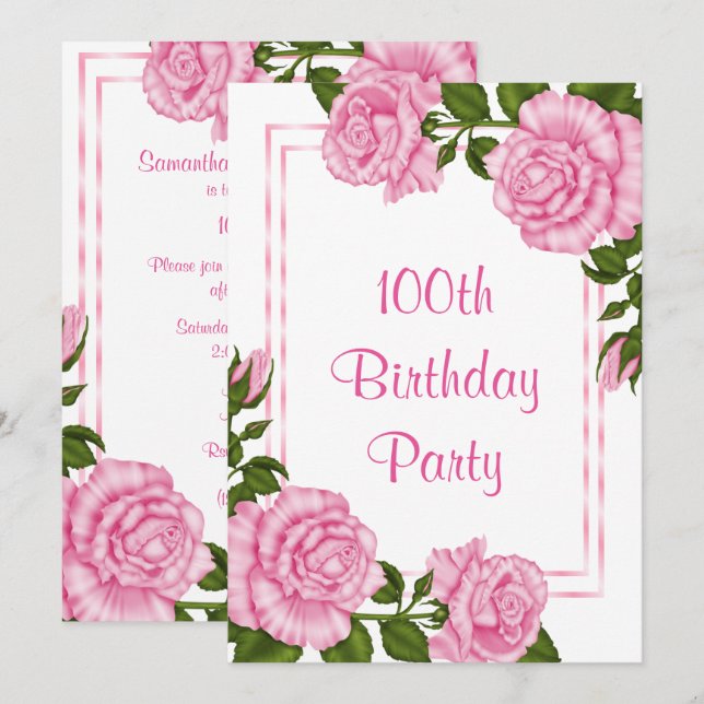 Vackra Rosa Hörnbuketter 100-årsdag Inbjudningar (Fram/baksida)