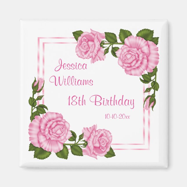Vackra rosa hörnbuketter 18-årsdag magnet (Framsidan)