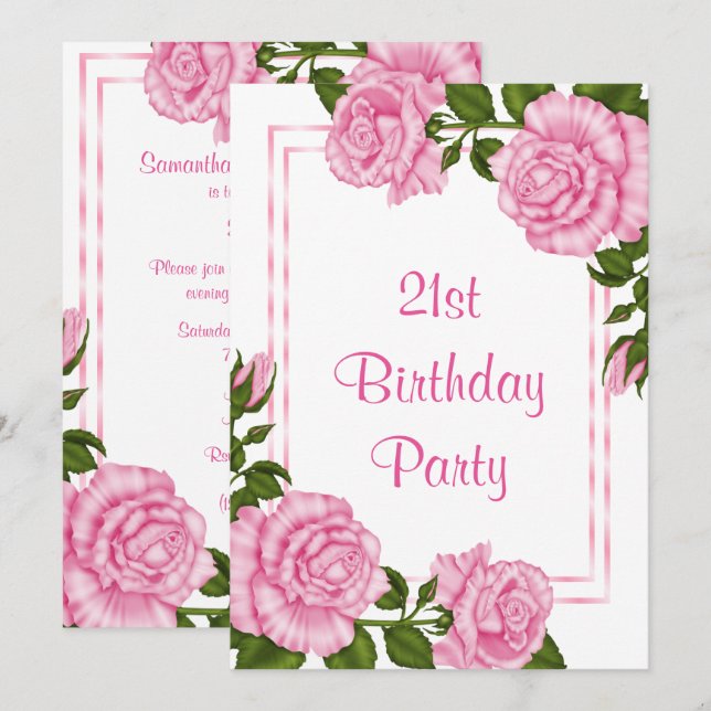 Vackra rosa hörnbuketter 21-årsdag inbjudningar (Fram/baksida)