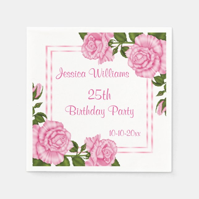 Vackra rosa hörnbuketter 25-årsdag pappersservett (Framsidan)