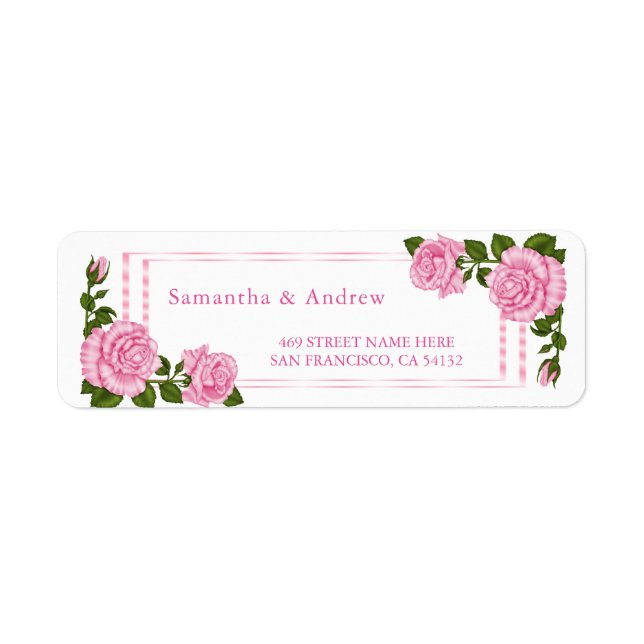 Vackra Rosa Hörnbuketter Bröllop Returadress Etikett (Framsidan)