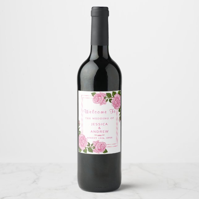 Vackra Rosa Hörnbuketter Bröllop Vin Etikett (Framsida)