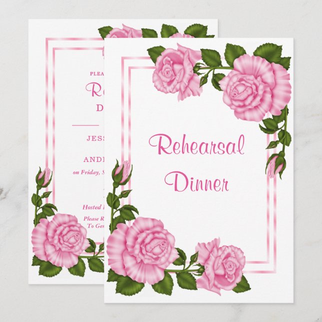 Vackra Rosa Hörnbuketter  Övning  Middag Inbjudningar (Fram/baksida)