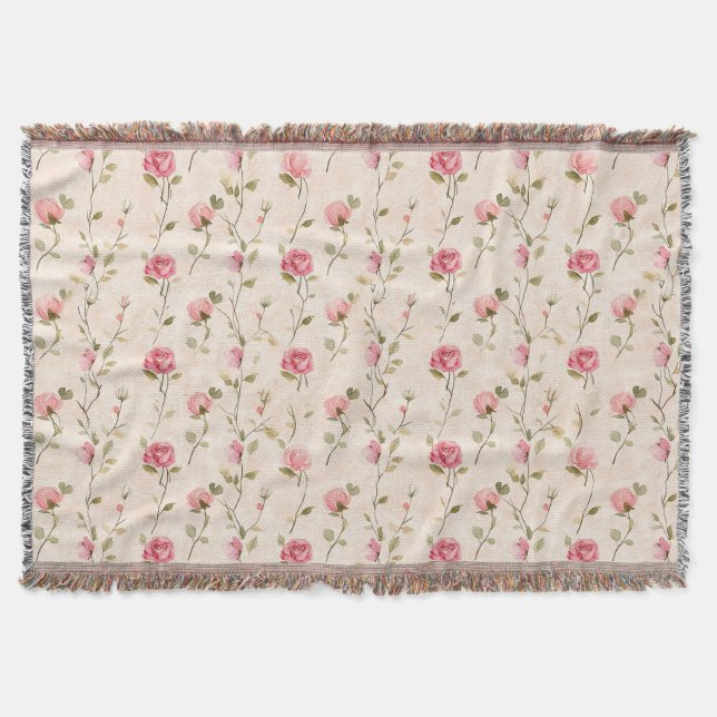 Vackra Rosa Krämrosor Blommig Filt (Framsidan)