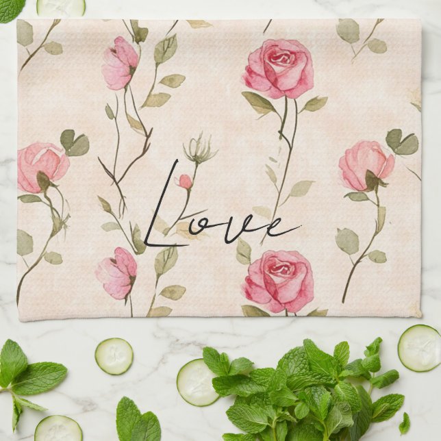 Vackra rosa krämrosor Blommig  Kökshandduk (Vikta)