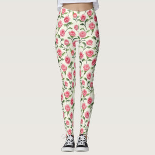 Vackra Rosa Krämrosor Blommig Leggings
