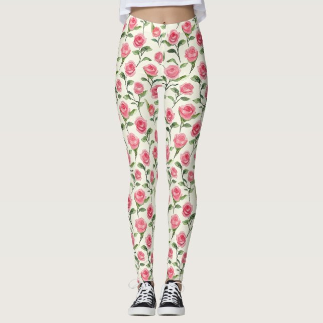 Vackra Rosa Krämrosor Blommig Leggings (Framsida)