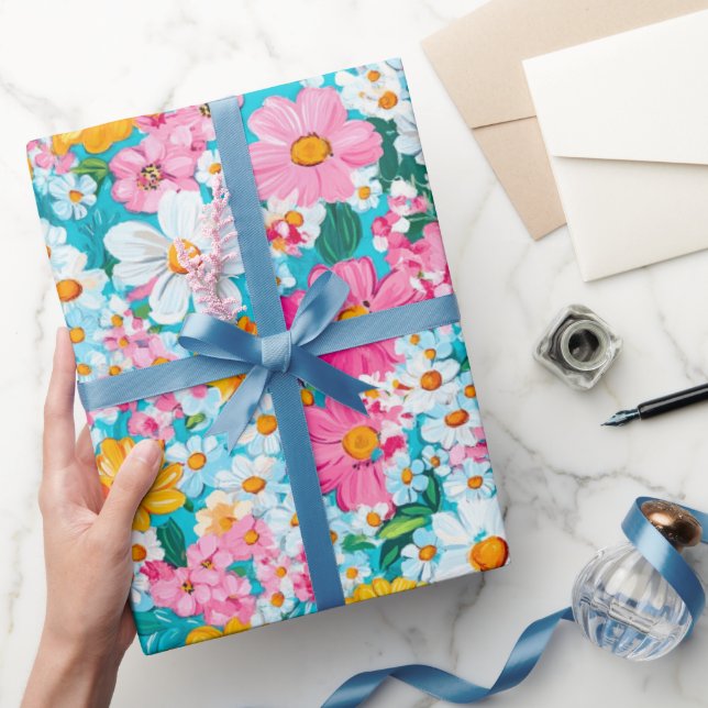 Vackra rosa och blå retro blommor  presentpapper (Gifting)