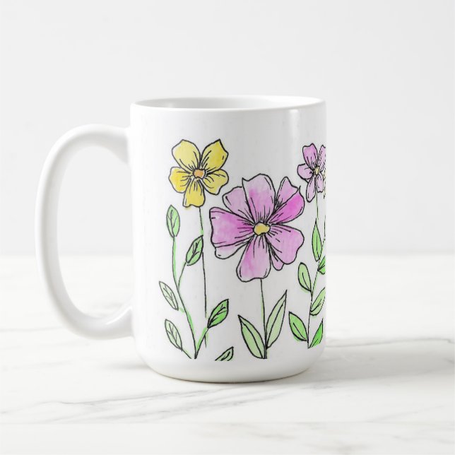 Vackra rosa och gula akvarellblommor kaffemugg (Vänster)