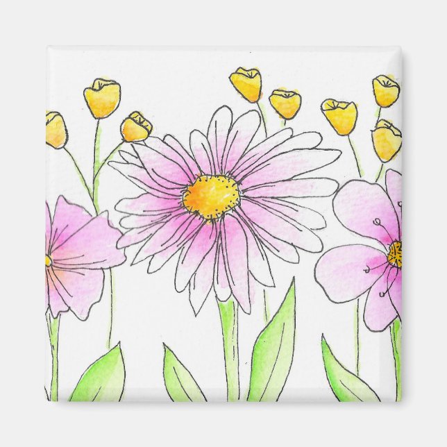 Vackra rosa och gula akvarellblommor magnet (Framsidan)