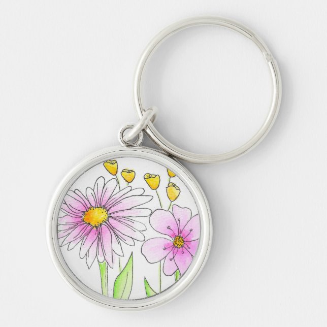 Vackra rosa och gula akvarellblommor rund silverfärgad nyckelring (Framsidan)
