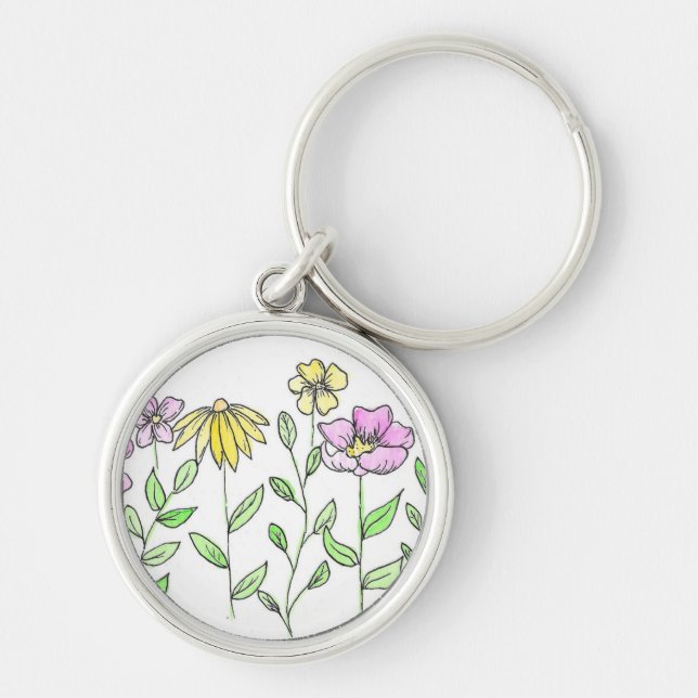 Vackra rosa och gula akvarellblommor rund silverfärgad nyckelring (Framsidan)