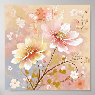 Vackra rosa och gula blommor målning poster