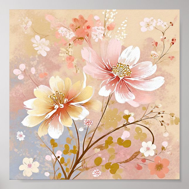 Vackra rosa och gula blommor målning poster (Framsidan)