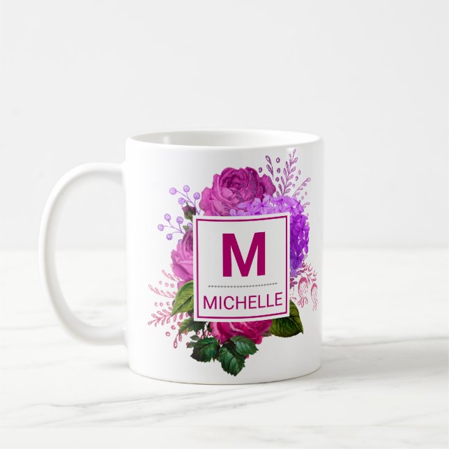 Vackra rosa och lila blommor monogram kaffemugg (Vänster)