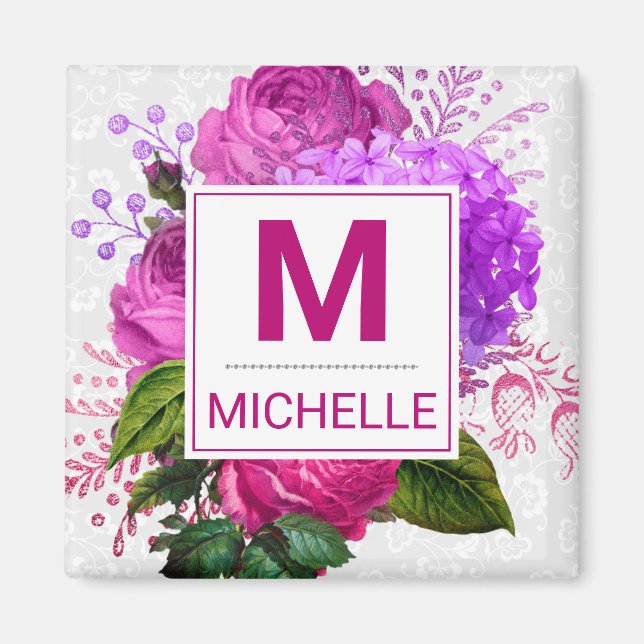 Vackra rosa och lila blommor monogram magnet (Framsidan)