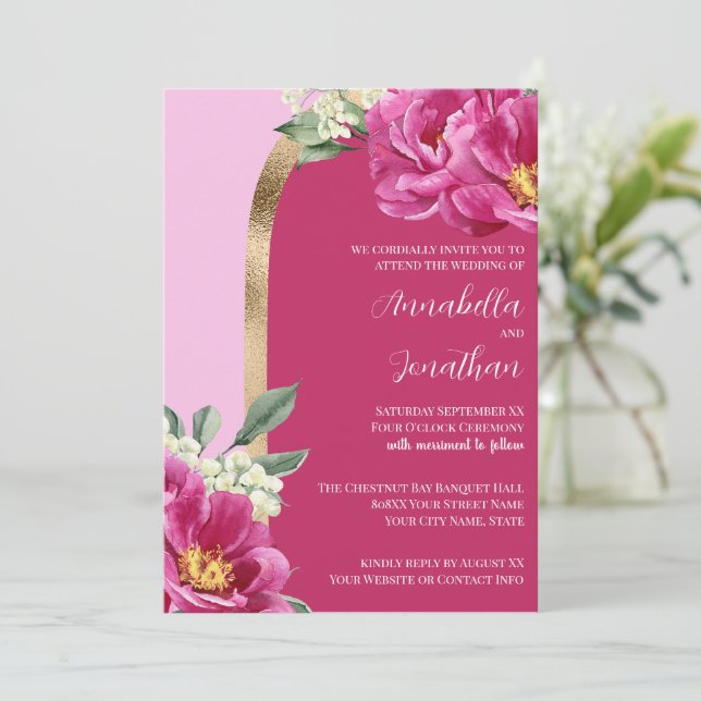 Vackra Rosa Peonior med Guld på Rosa Bröllop Inbjudningar (Stående Fram)
