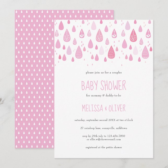 Vackra Rosa Regndroppar Par Baby Shower Inbjudningar (Fram/baksida)