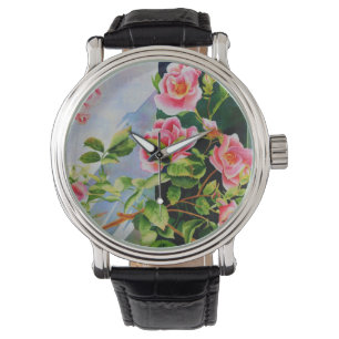 Vackra rosa röd vit ros blommigt armbandsur