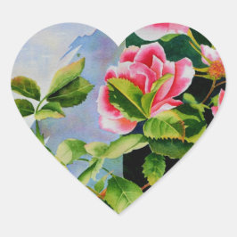Vackra rosa röd vit ros blommigt hjärtformat klistermärke