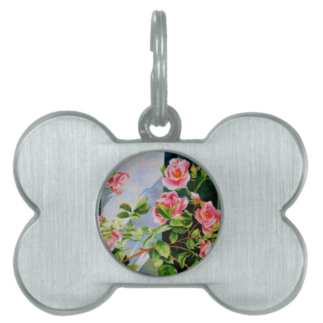 Vackra rosa röd vit ros blommigt ID-bricka husdjur (Framsidan)