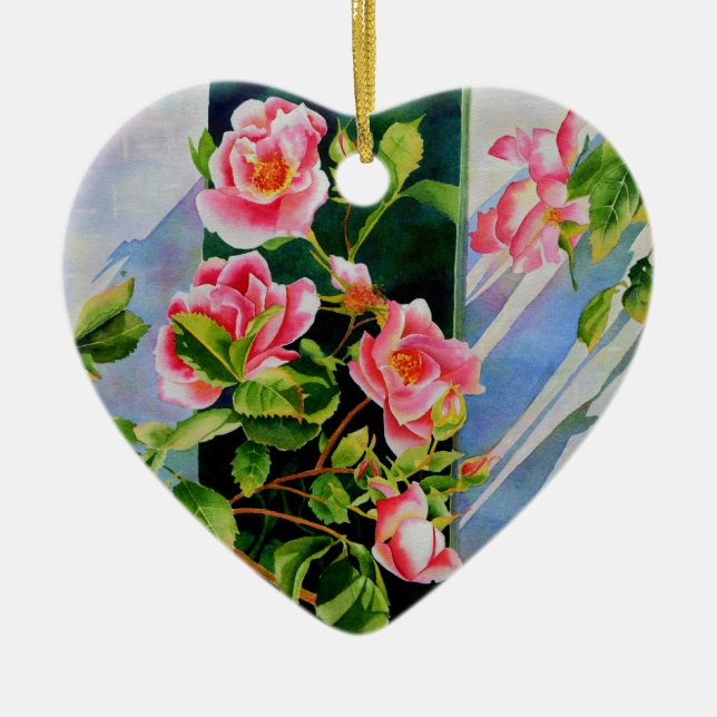 Vackra rosa röd vit ros blommigt julgransprydnad keramik (Framsidan)