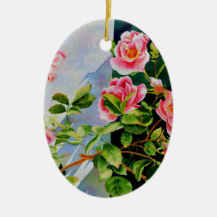 Vackra rosa röd vit ros blommigt julgransprydnad keramik