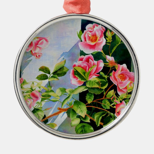Vackra rosa röd vit ros blommigt julgransprydnad metall (Framsidan)