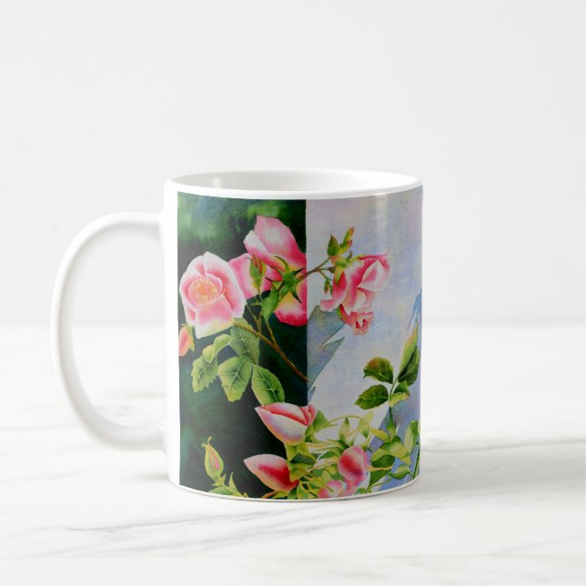 Vackra rosa röd vit ros blommigt kaffemugg (Vänster)