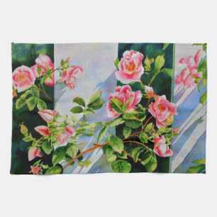 Vackra rosa röd vit ros blommigt kökshandduk