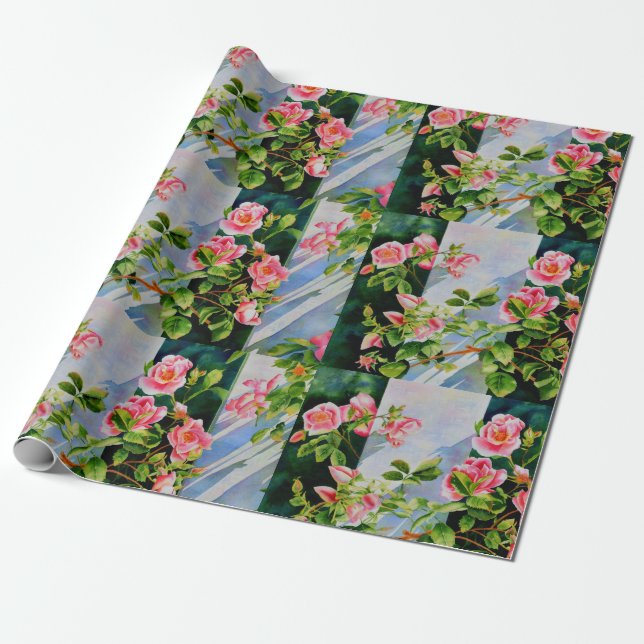 Vackra rosa röd vit ros blommigt presentpapper (Utrullad)