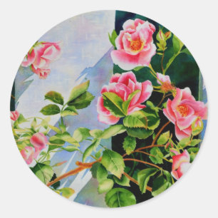 Vackra rosa röd vit ros blommigt runt klistermärke