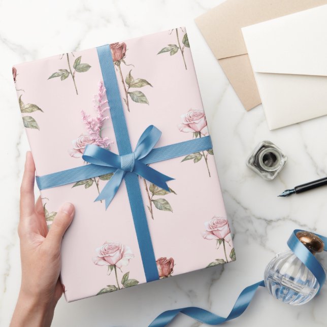Vackra Rosa Röda Rosor Blommig Bröllopsdusch Presentpapper (Gifting)