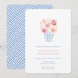 Vackra Rosa Rosor Blå Och Vita Nygifta Brunch Inbjudningar