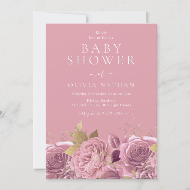 Vackra Rosa Rosor Blommig Baby Shower Inbjudningar (Framsida)