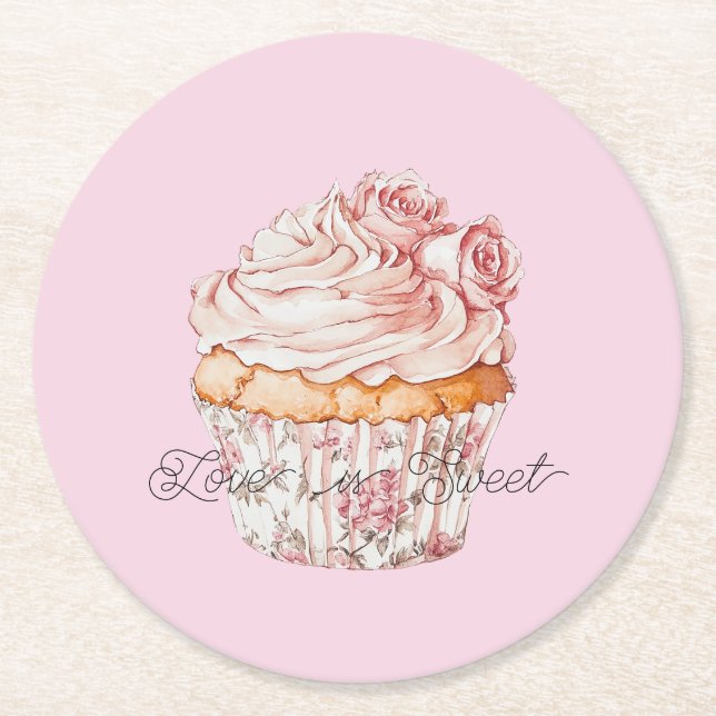 Vackra Rosa Rosor Blommig Cupcake Bröllopsdusch Underlägg Papper Rund (Framsidan)