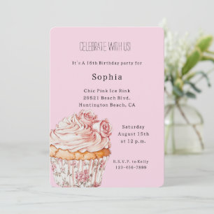 Vackra Rosa Rosor Blommig Cupcake Födelsedag Inbjudningar