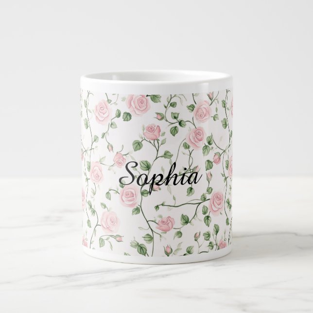 Vackra Rosa Rosor Blommig   Jumbo Mugg (Framsidan)