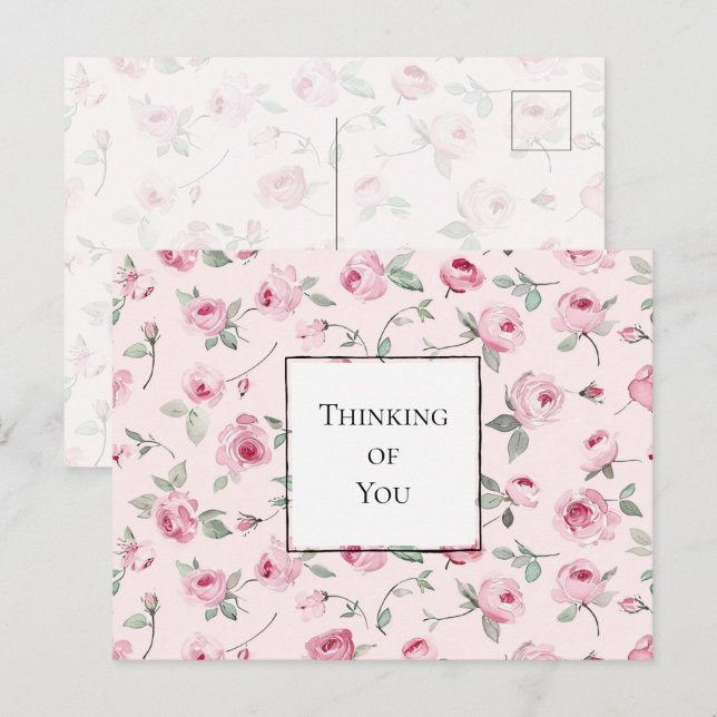 Vackra Rosa Rosor Blommig Tänk på dig Vykort (Fram/baksida)