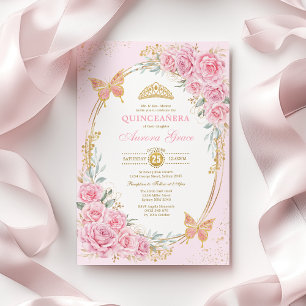 Vackra Rosa Rosor Fjärilar Quinceañera Inbjudningar