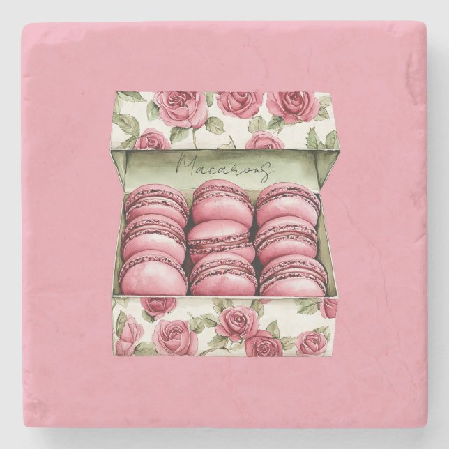 Vackra Rosa Rosor Macaronlåda Stenunderlägg (Framsidan)