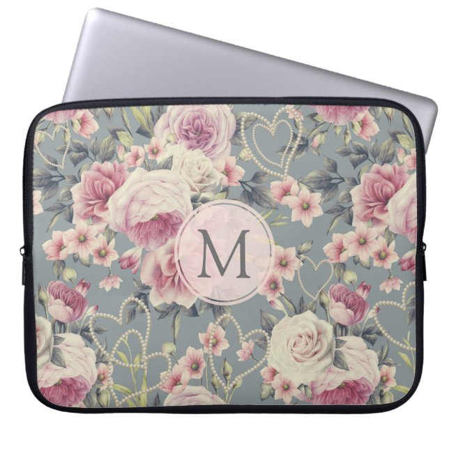 Vackra Rosa Rosor och Pärlhjärtan Monogram Laptop Fodral (Framsidan)