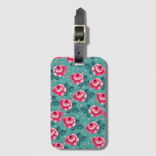 Vackra rosa rosor och prickmönster på teal bagagebricka