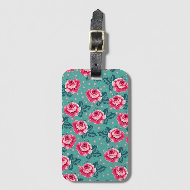 Vackra rosa rosor och prickmönster på teal bagagebricka (Framsida vertikal)