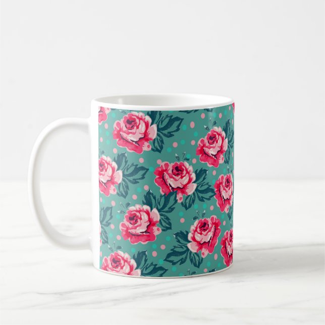 Vackra rosa rosor och prickmönster på turkos kaffemugg (Vänster)