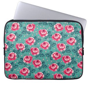 Vackra rosa rosor och prickmönster på turkos laptop fodral