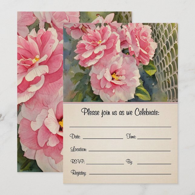 Vackra rosa rosor på framsidan och baksidan av inb inbjudningar (Fram/baksida)