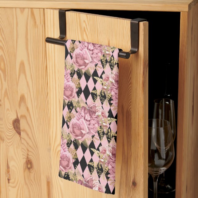 Vackra rosa rosor på Harlequin   Kökshandduk (Thirds Fold)